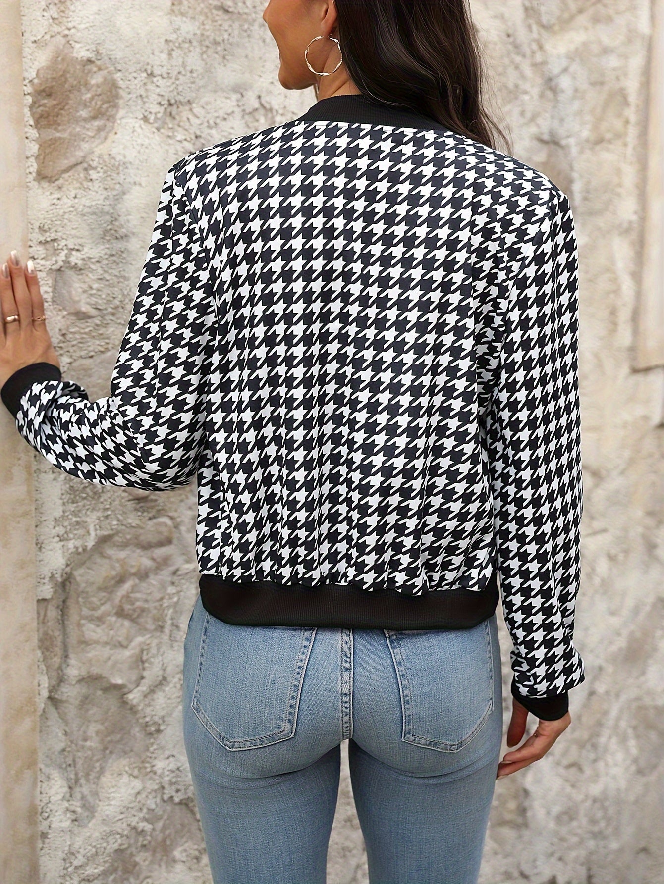Trendy Houndstooth Zip Jacket - Stylish Print, Full Zip, Long Sleeve Drop Shoulder - Perfect Casual Outwear for Spring & Fall - Womens Fashion Essential
