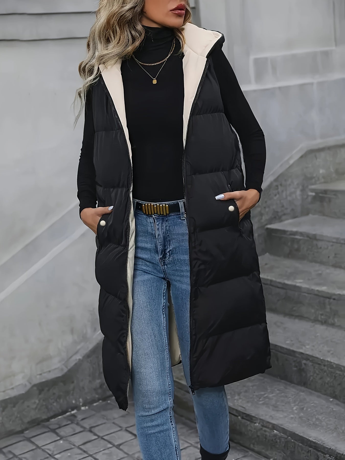 Cozy Puffy Midi Vest - Warm, Sleeveless, Zip-up Hoodie with Slant Pockets for Fall & Winter - Women's Casual Clothing for Everyday Wear