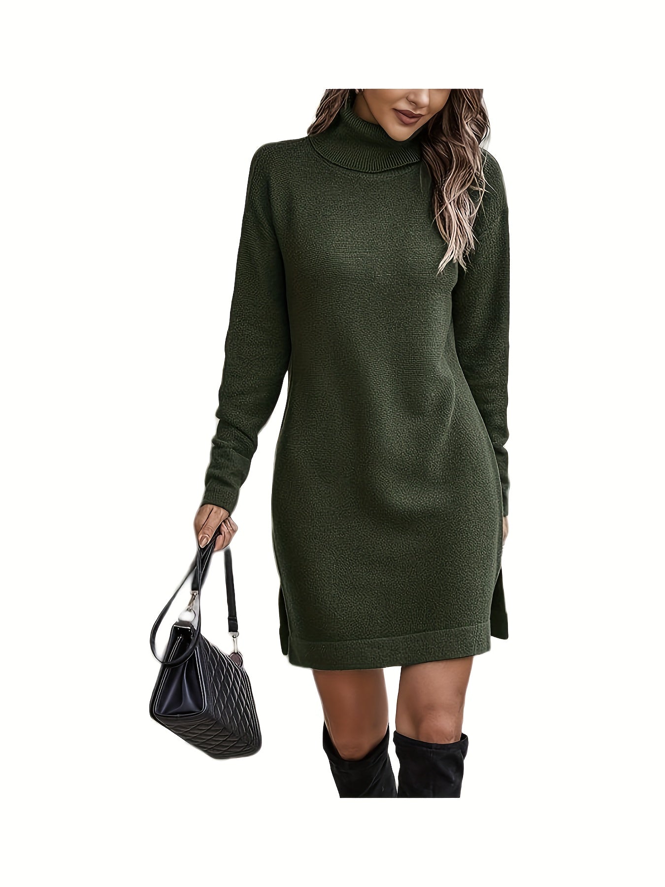 Turtle Neck Slit Side Sweater Dress, Casual Long Sleeve Knitted Dress For Fall & Winter, Women's Clothing