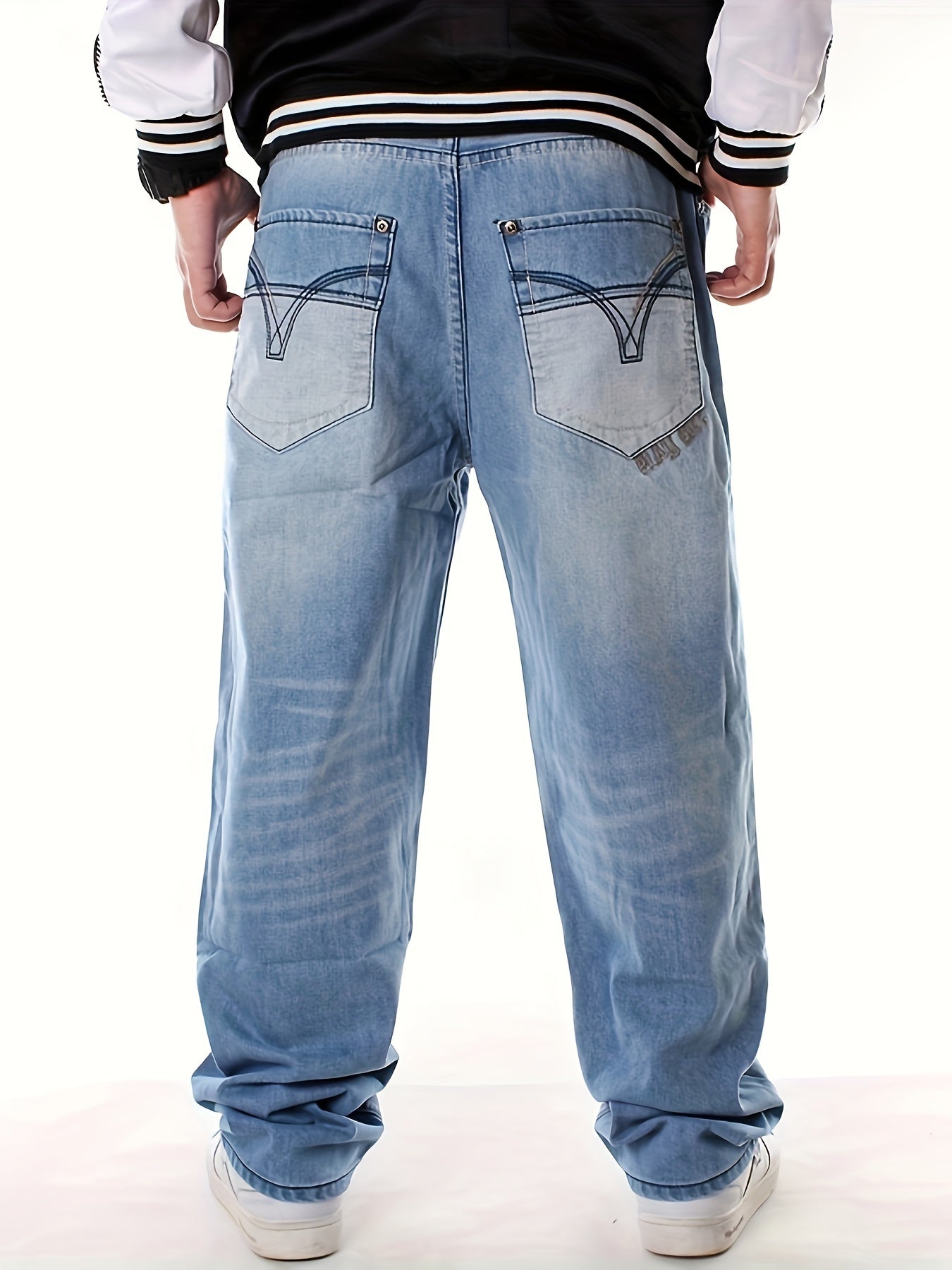 Men's Loose Solid Denim Trousers With Pockets, Causal Cotton Blend Jeans For Outdoor Activities