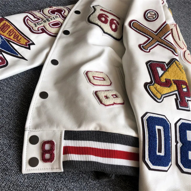 Jackets Men's Spring and Autumn Baseball Uniform Y2K Retro Trend Leather Jacket Heavy Industry Embroidery White Short Coat Ins