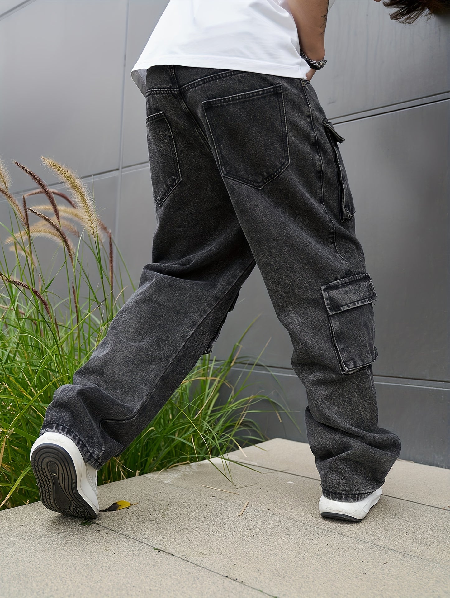 Mens Casual Loose Cargo Jeans - Solid Cotton Blend with Adjustable Drawstring & Multiple Pockets - All Seasons, Rugged for Outdoor, Leisure, and Work Wear