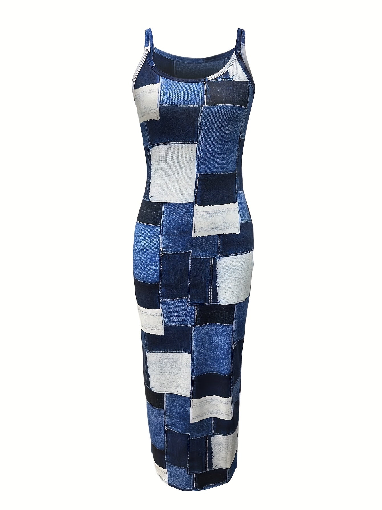 Patchwork Print Bodycon Dress, Elegant Spaghetti Strap Sleeveless Dress, Women's Clothing