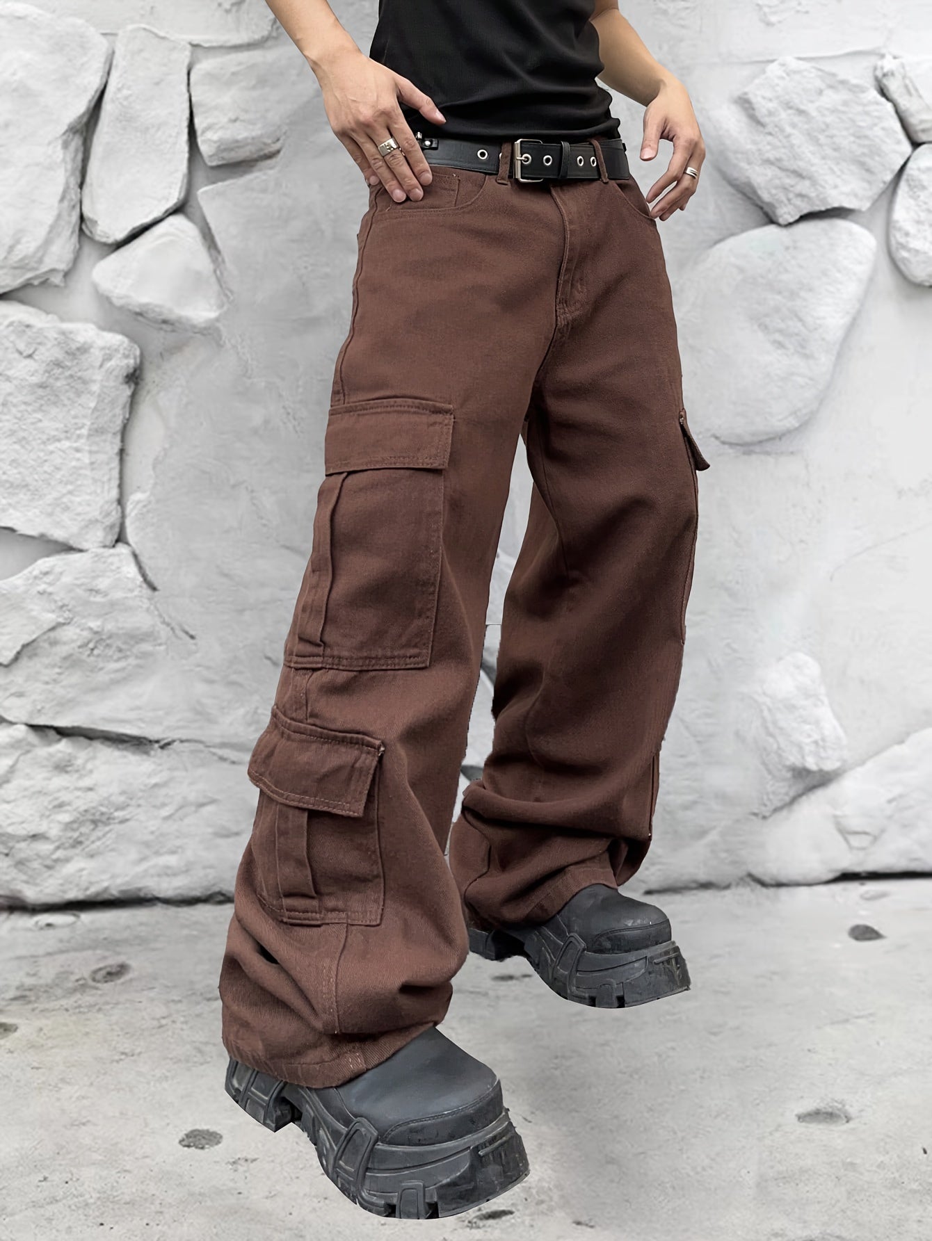 Street Style Solid Wide Leg Cargo Denim Pants For Men, Leisure Trendy Jeans For Males