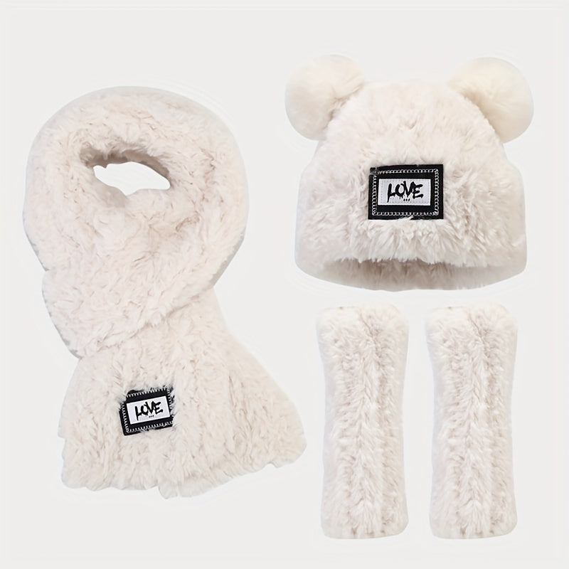 2pcs+1pair/set Labelled Lettering Double Balls Knit Hat & Scarf & Gloves For Autumn And Winter Outdoor, Ideal choice for Gifts
