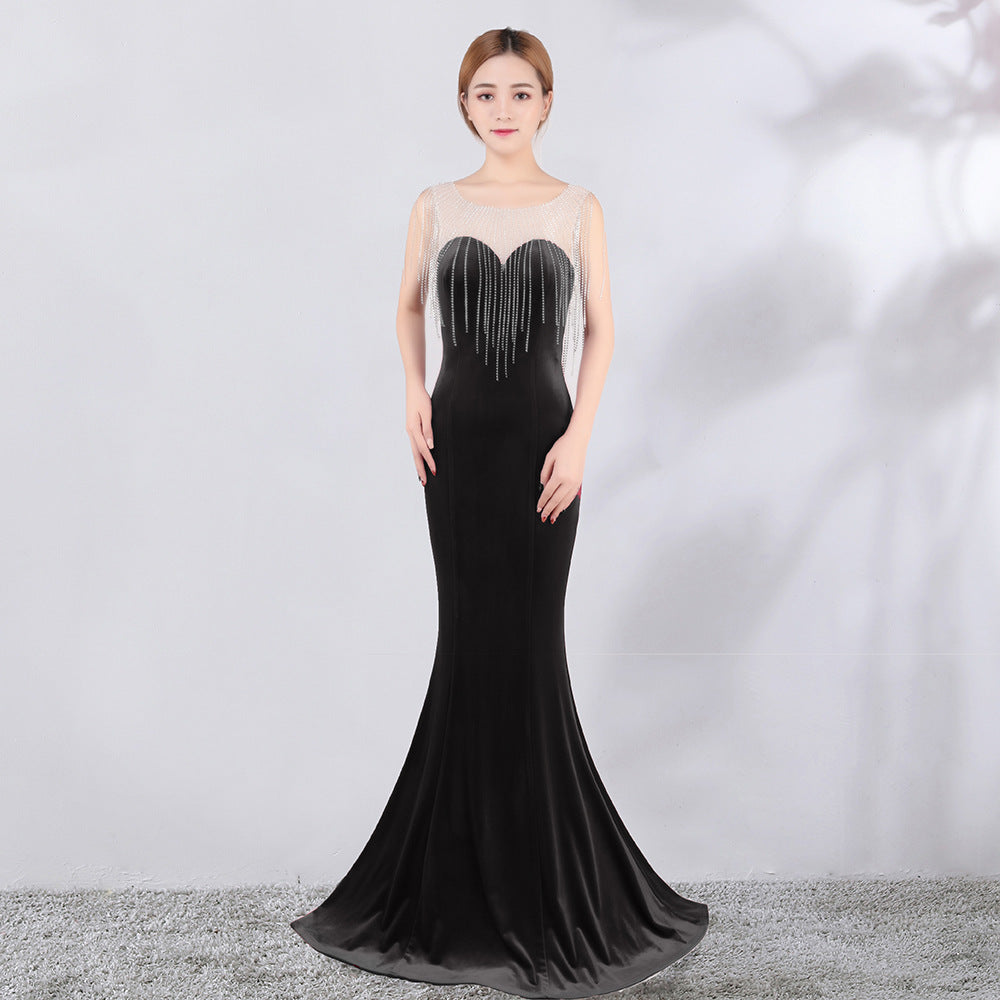 8288 #High flash diamond chain velvet evening dress banquet long slim and elegant fishtail annual meeting host