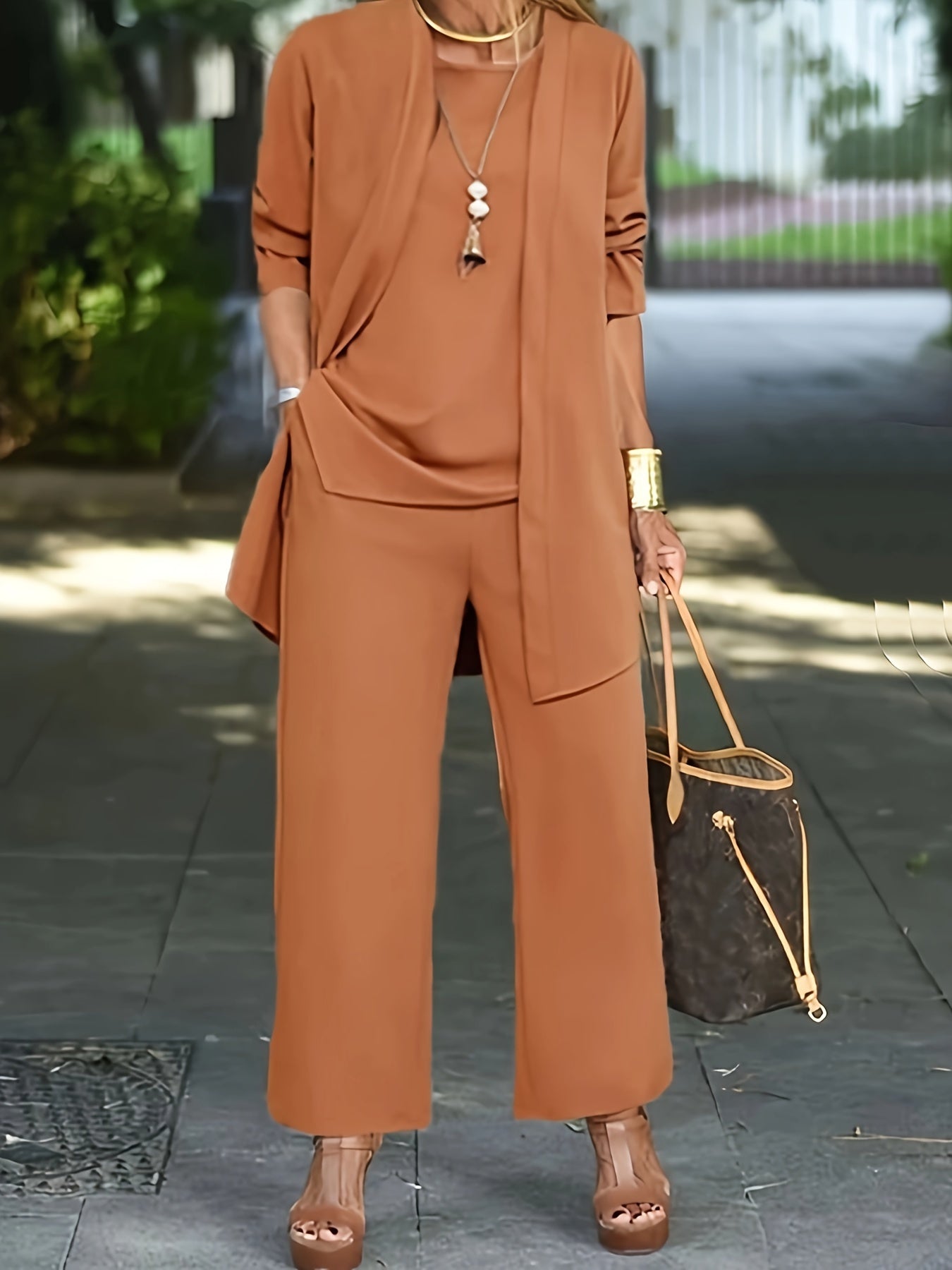 LOVECCR Casual Three-piece Solid Set, Long Sleeve Cardigan & Top & Long Pants Outfits, Women's Clothing