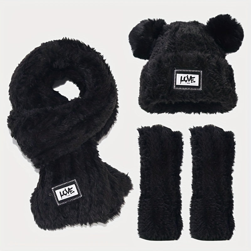 2pcs+1pair/set Labelled Lettering Double Balls Knit Hat & Scarf & Gloves For Autumn And Winter Outdoor, Ideal choice for Gifts