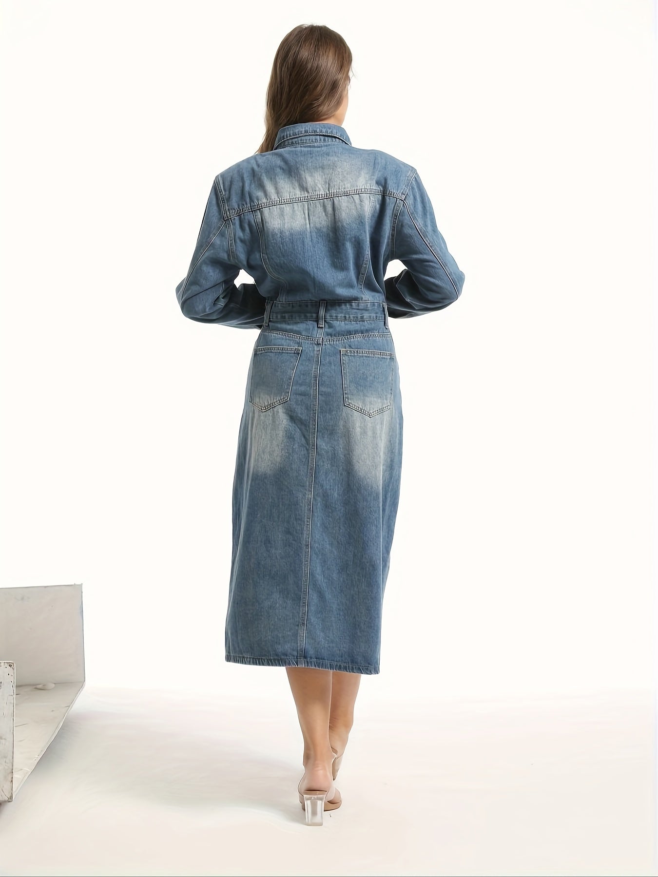 Split Hem Single-breasted Long Sleeve Denim Dress, Lapel Washed Blue Retro Elegant Denim Dress, Women's Denim Jeans & Clothing