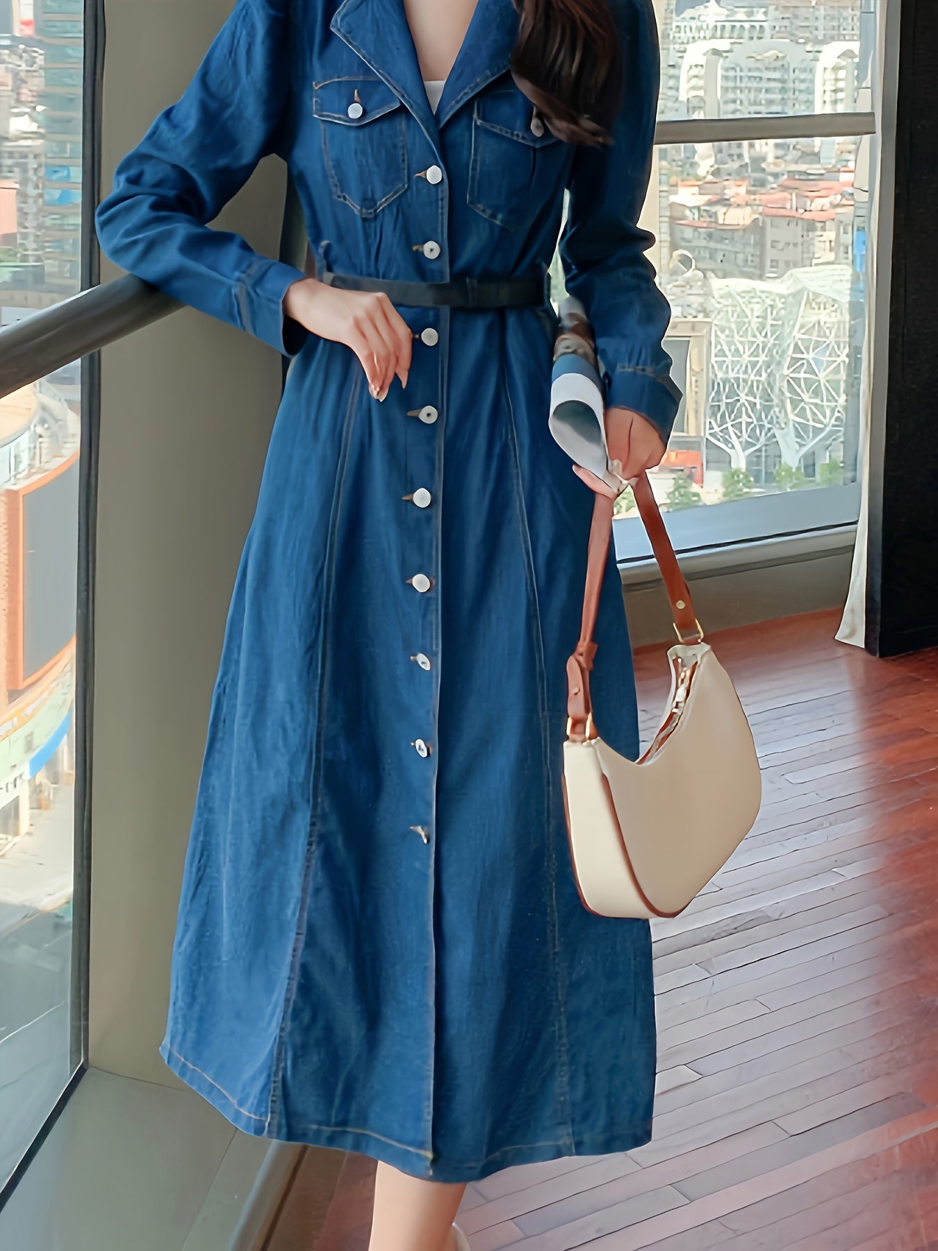 Turndown Collar Button Up Denim Dress, Long Sleeve Elegant Fitted Denim Dress With Flap Pocket, Women's Denim Clothing