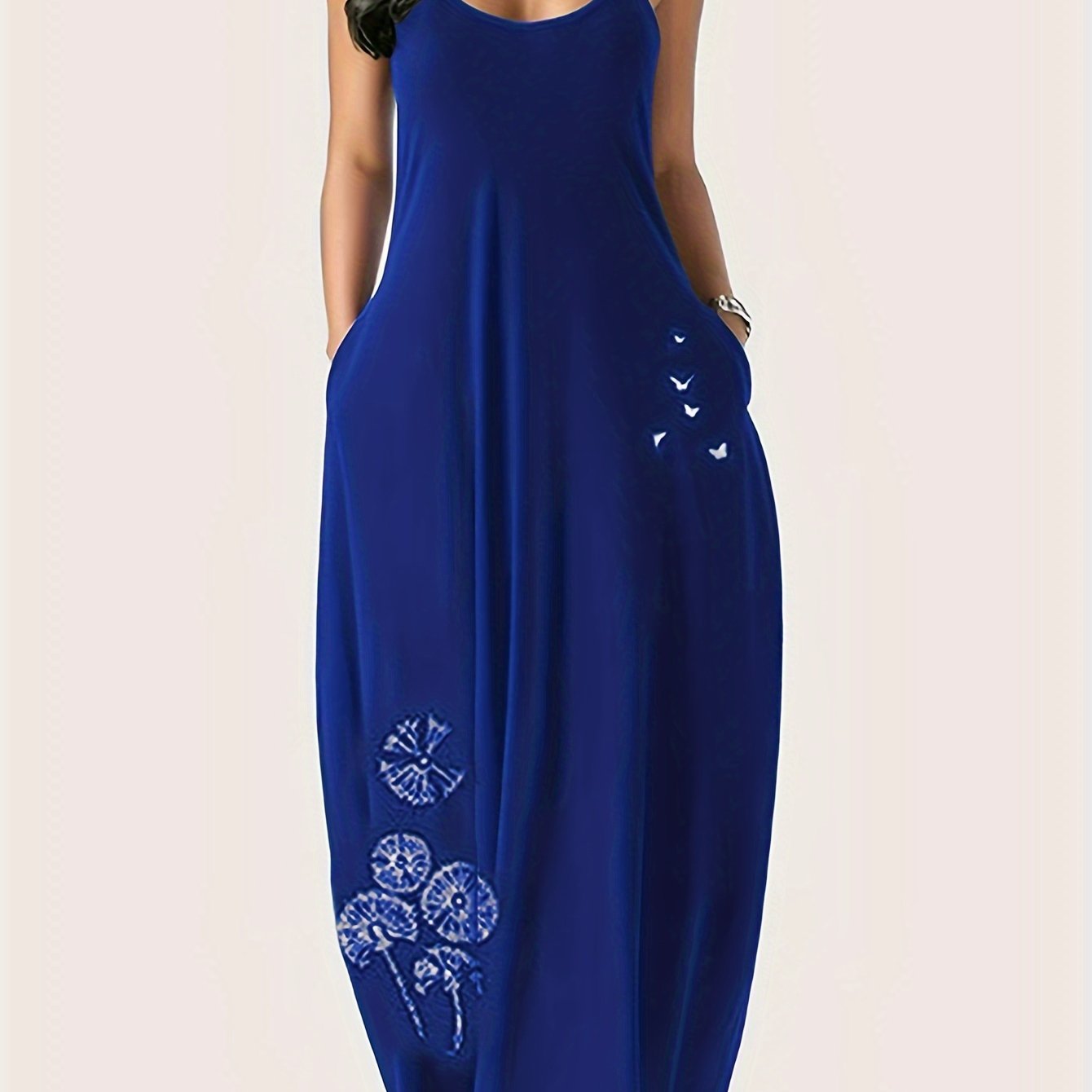 Vibrant Dandelion Print Maxi Dress - Soft Polyester, Spaghetti Strap, Casual, Micro Elasticity, Positioning Printing, Summer Essential for Women