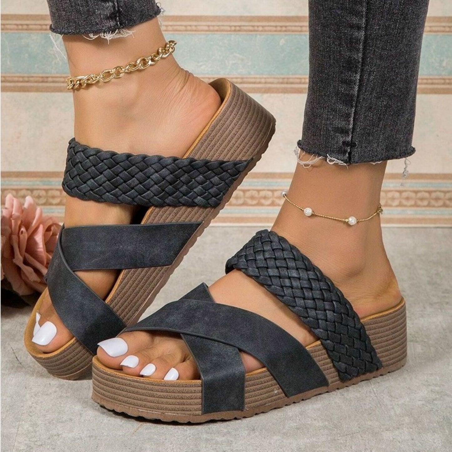 Mid Heel Womens Fashion Flax Sandals - Breathable, Arch Support, Lightweight, Slip-on, Strappy Back, Open Toe, Rubber Sole, Perfect for Casual Summer Wear