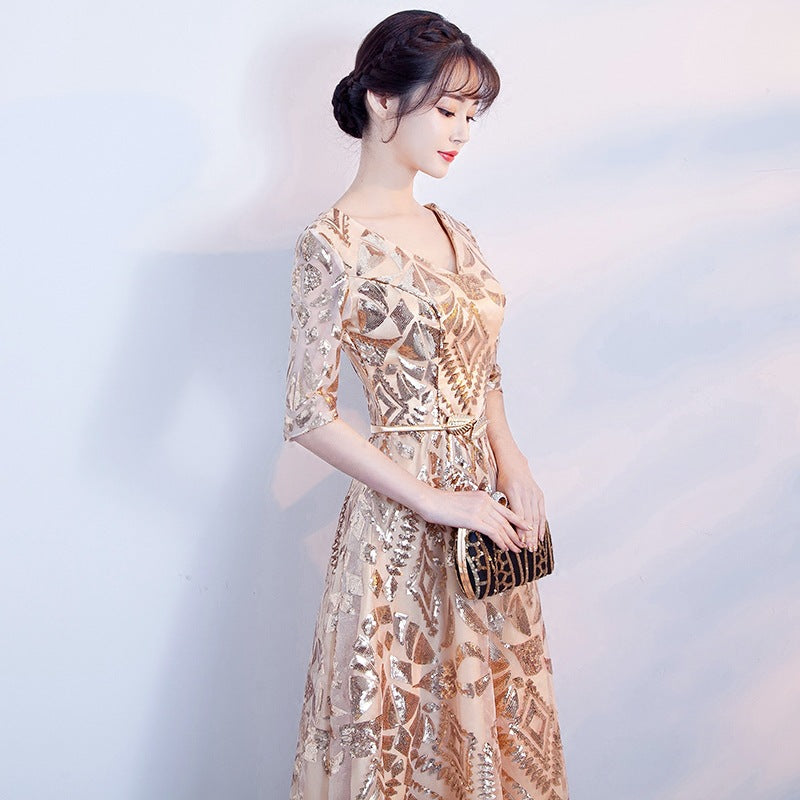 LOVECCR Banquet Evening Dress New Summer Fashion Elegant Gold Sequined Catwalk Show Host Slimming Dress Women