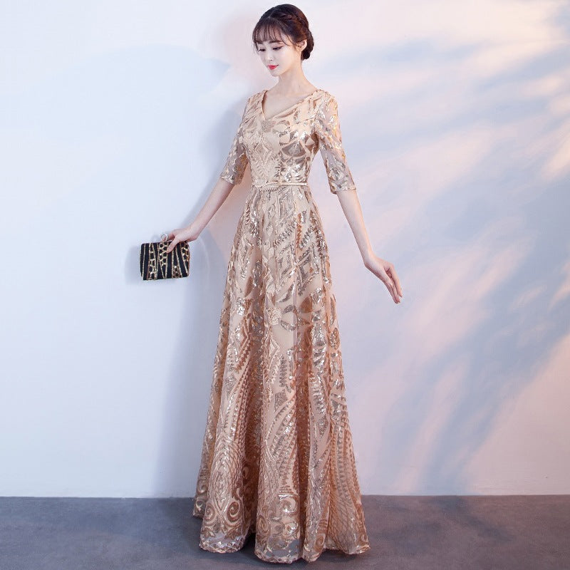LOVECCR Banquet Evening Dress New Summer Fashion Elegant Gold Sequined Catwalk Show Host Slimming Dress Women