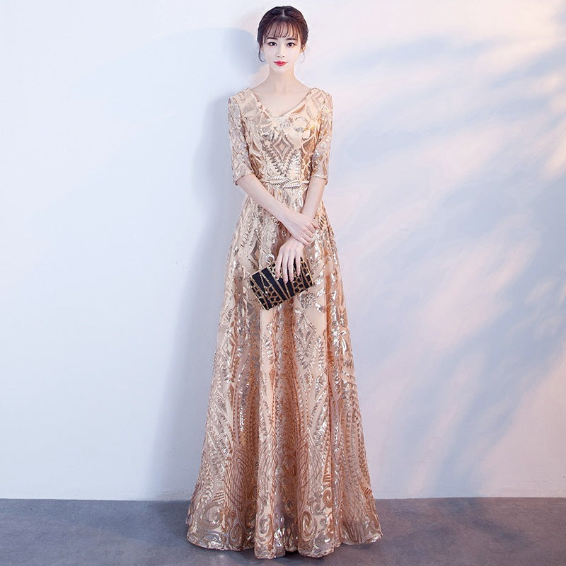 LOVECCR Banquet Evening Dress New Summer Fashion Elegant Gold Sequined Catwalk Show Host Slimming Dress Women