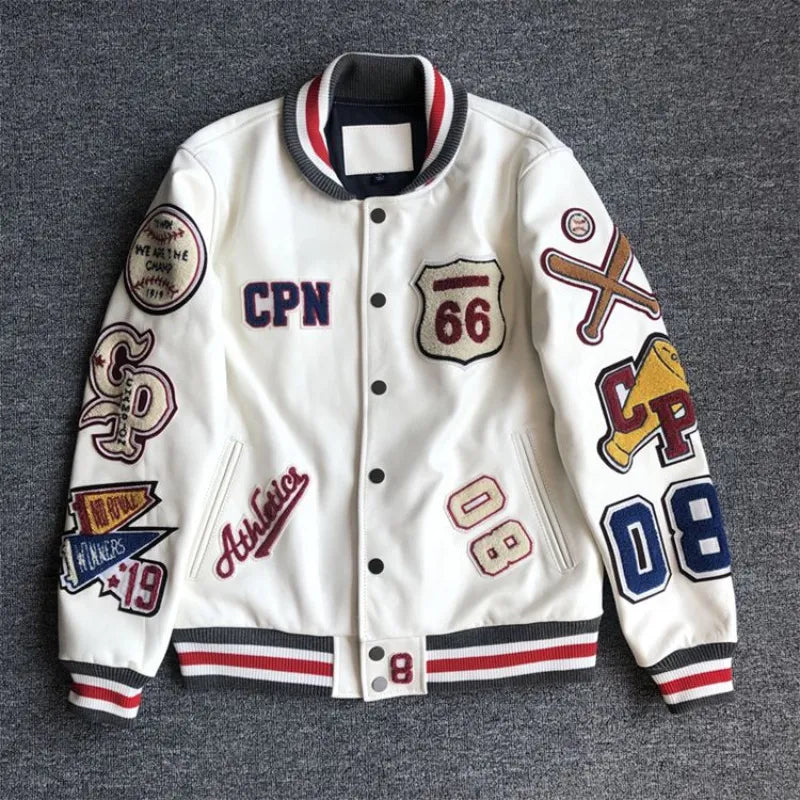 Jackets Men's Spring and Autumn Baseball Uniform Y2K Retro Trend Leather Jacket Heavy Industry Embroidery White Short Coat Ins