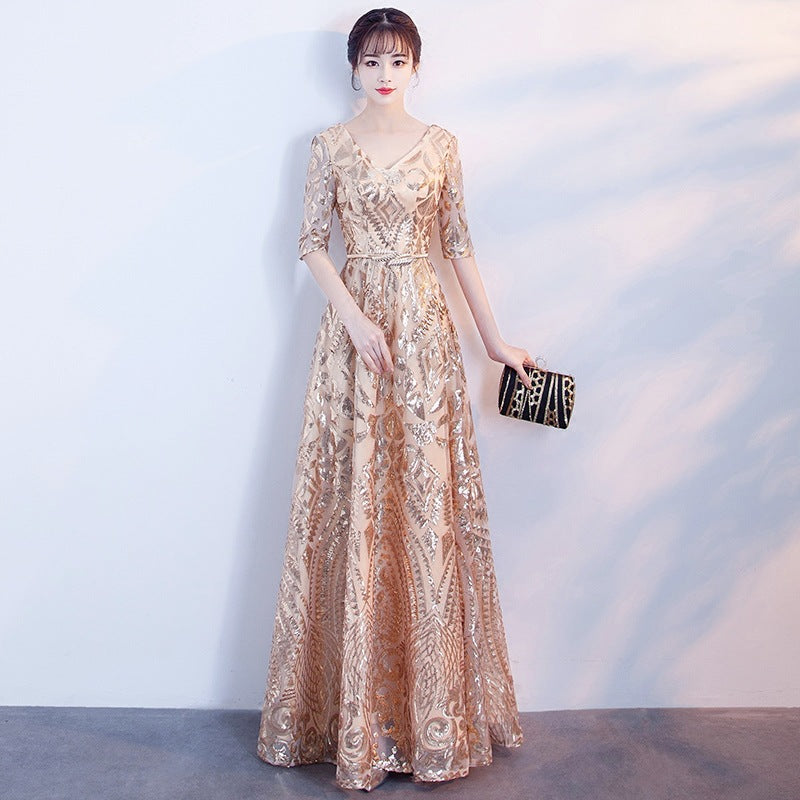 LOVECCR Banquet Evening Dress New Summer Fashion Elegant Gold Sequined Catwalk Show Host Slimming Dress Women