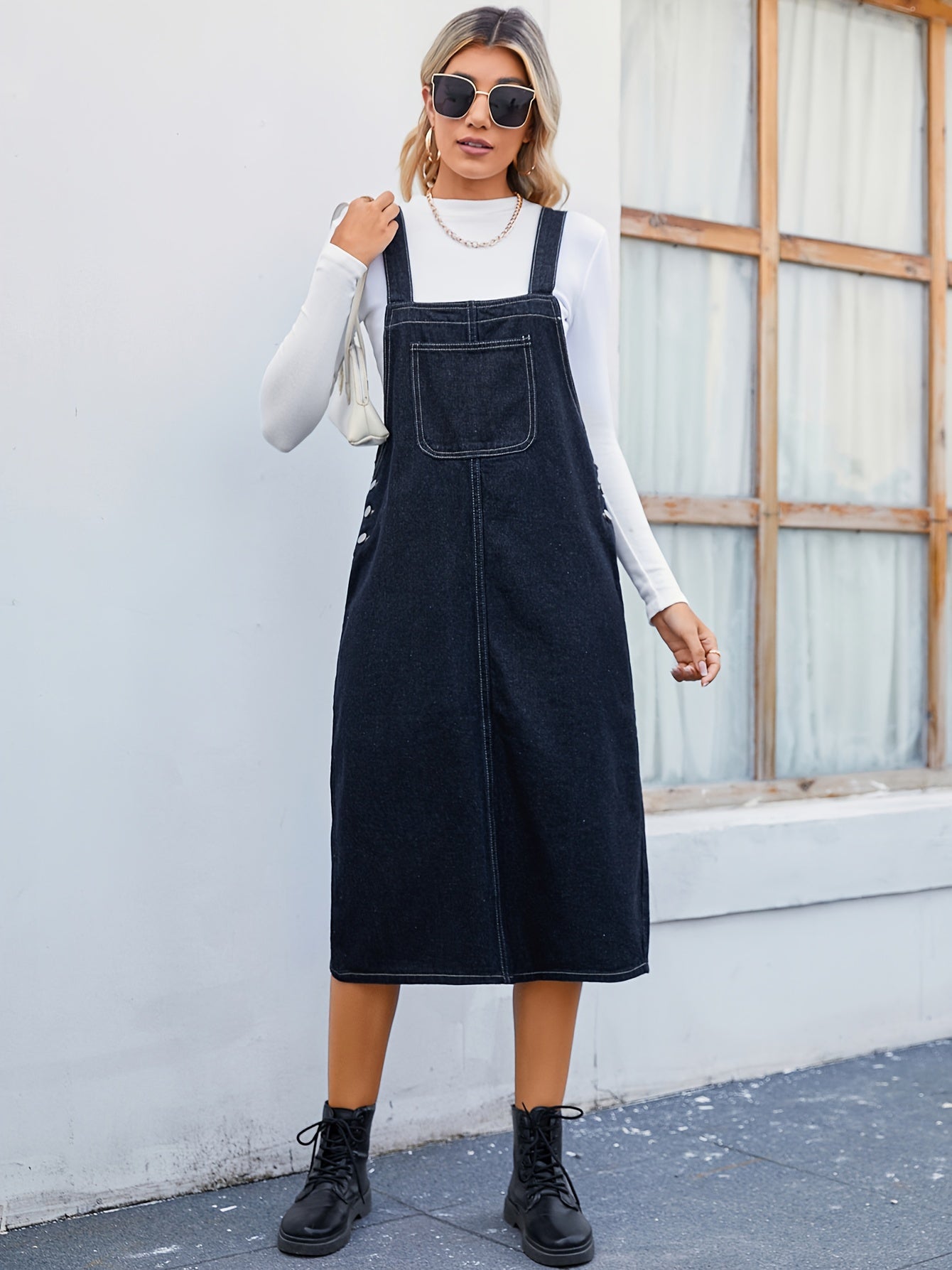Plain Dark Washed Blue Loose Fit Denim Overall Dress, Patch Pocket Versatile Casual Denim Dress, Women's Denim Jeans & Clothing