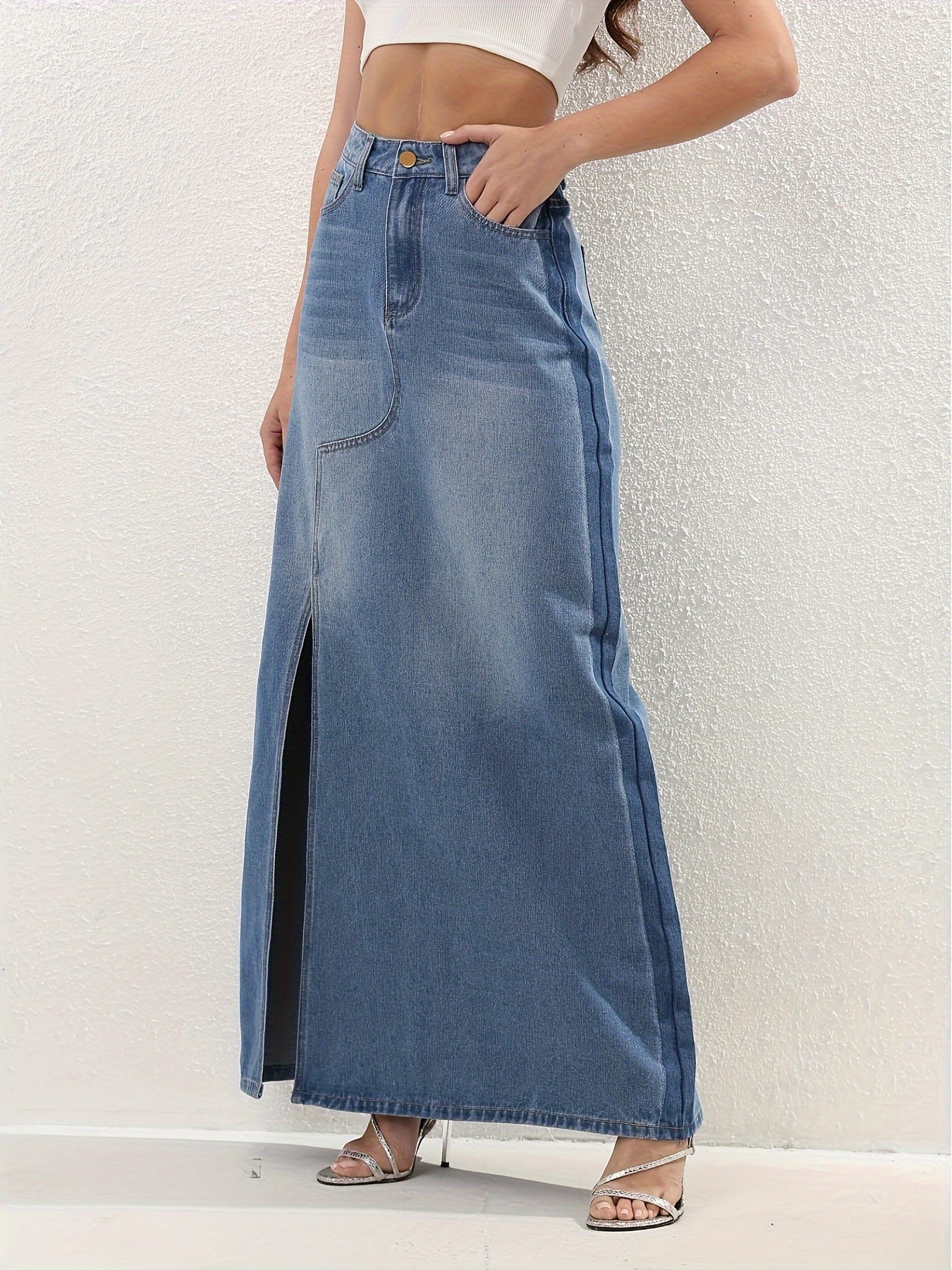 Elegant High Waist Ombre Denim Maxi Skirt with Slit | Versatile & Easy-Care - Perfect for Spring to Fall