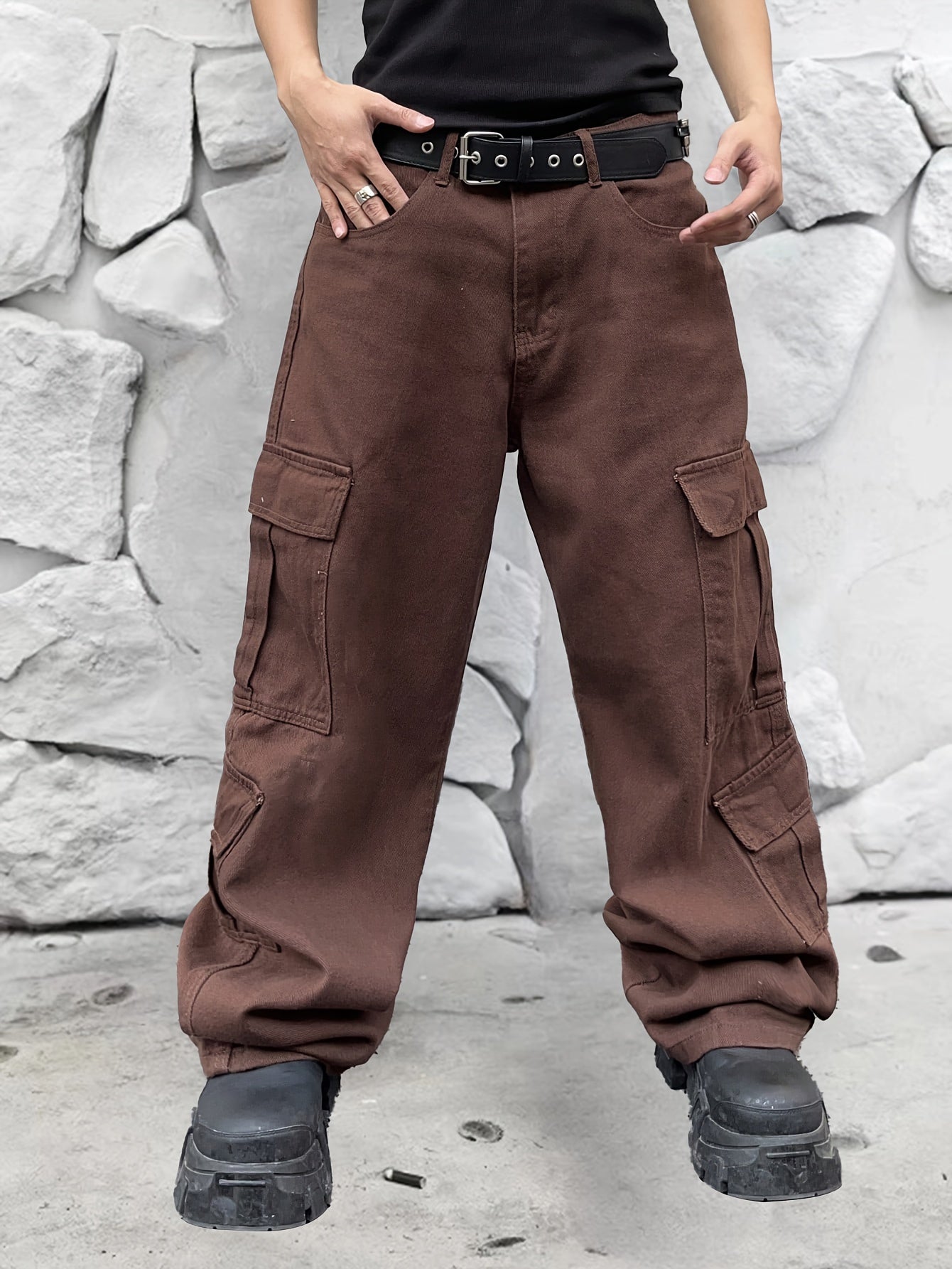 Street Style Solid Wide Leg Cargo Denim Pants For Men, Leisure Trendy Jeans For Males