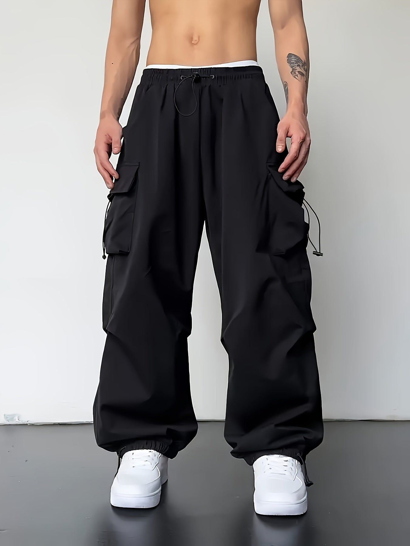 Men's Solid Color Baggy Cargo Pants With Drawstrings, Multi-pocket Casual Stylish Outdoor Trousers As Gift