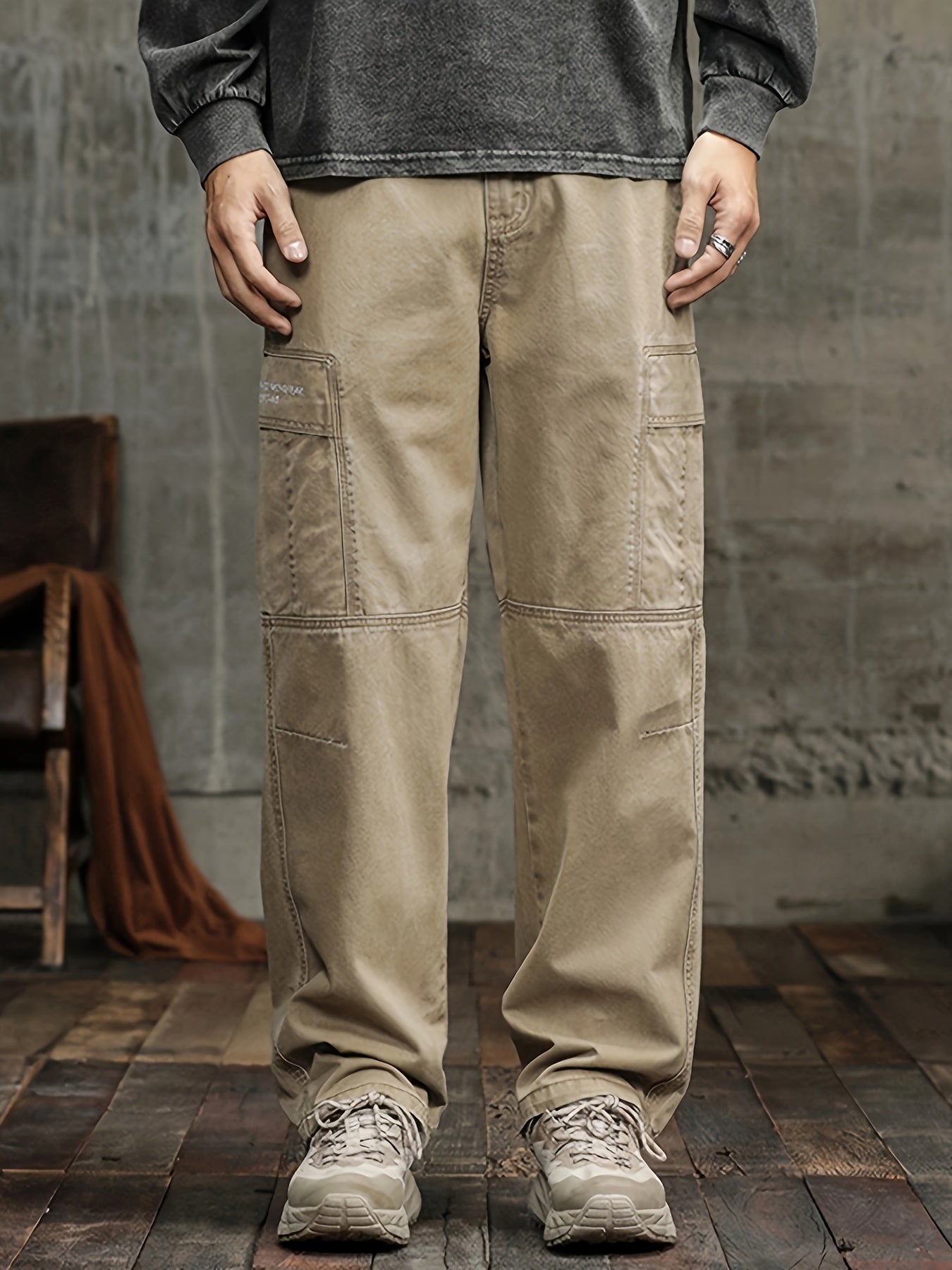 Men's Stylish 100% Cotton Loose Solid Pants With Pockets, Casual Breathable Comfy Trousers For City Walk Street Hanging Outdoor Activities