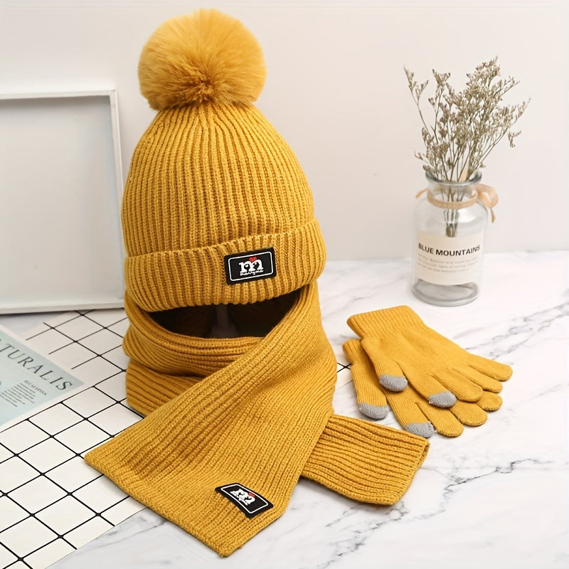 Winter Beanie Scarf Glove Set - 3 Piece Knitted Warm Accessories Kit, Elastic Polyester & Cotton Blend, Crafted Beanie with Pom Pom Detail, Cozy Knit Gloves - Unisex Cold Weather Gear