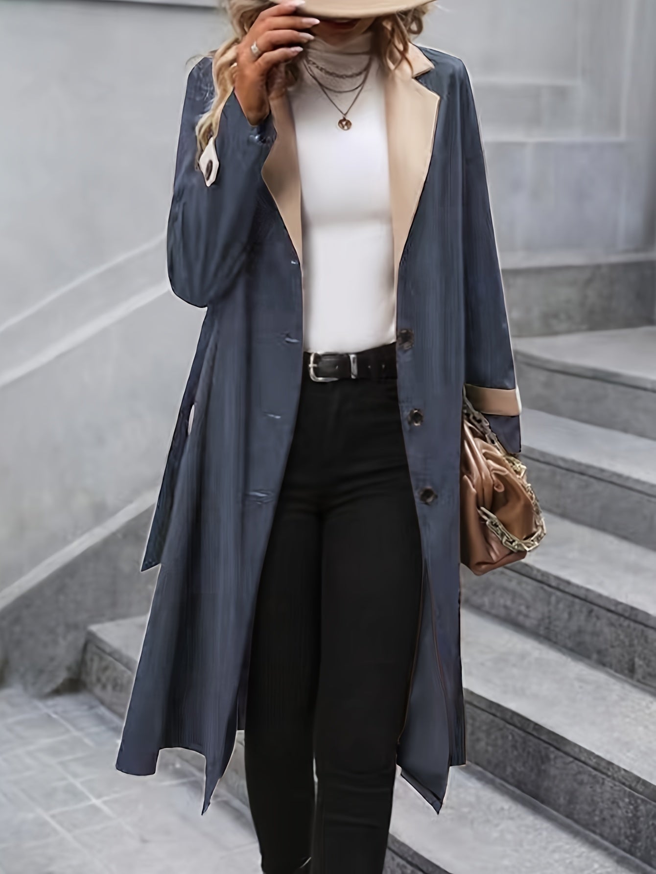 Elegant Women's Single Breasted Mid-Length Trench Coat - Classic Belted Lapel Neck Long Sleeve Open Front Outerwear for Chic Style - Water-Resistant, Windproof, and Versatile Clothing for Daily Life