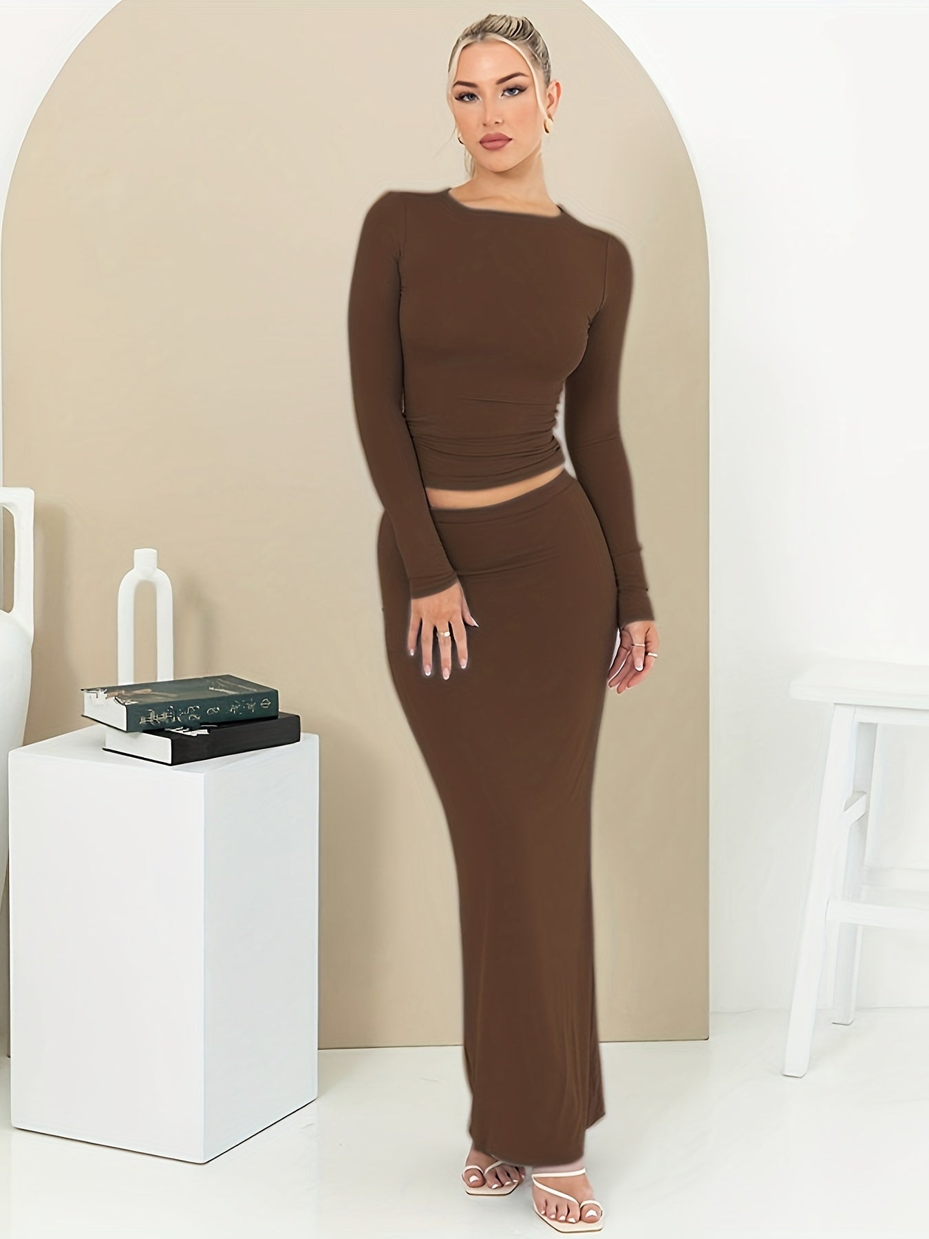 Chic Solid Crew Neck Long Sleeve Top & Slim Maxi Skirt Set - Womens Casual Two-Piece Outfit for Everyday Style and Comfort