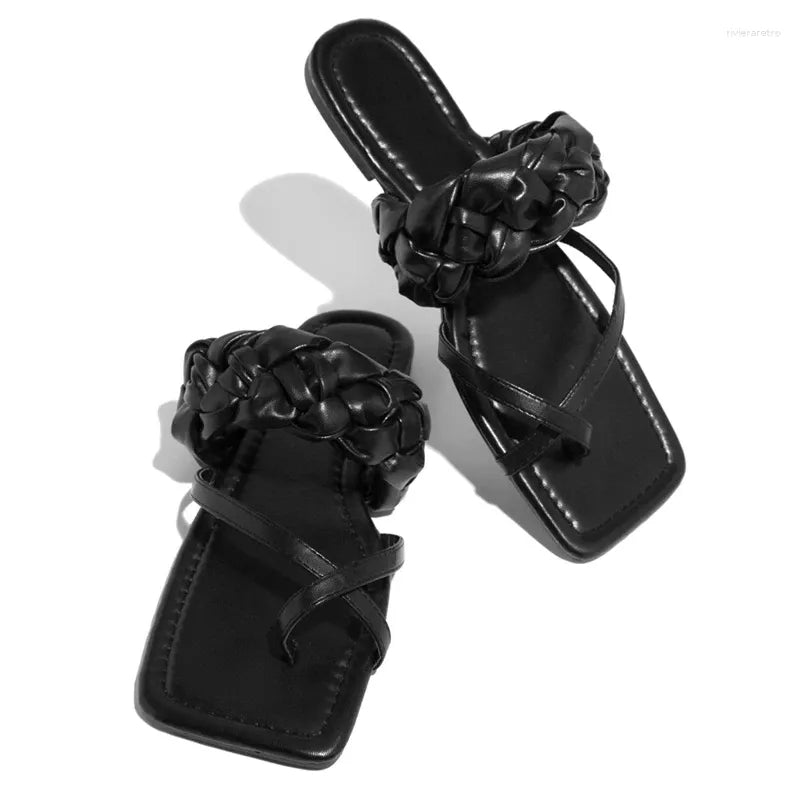 Slippers Women's Summer Sandals Casual Weave Sexy Outdoor Flip Flops Female Cross-tied Slides Flat Square Heel Plus Size 43