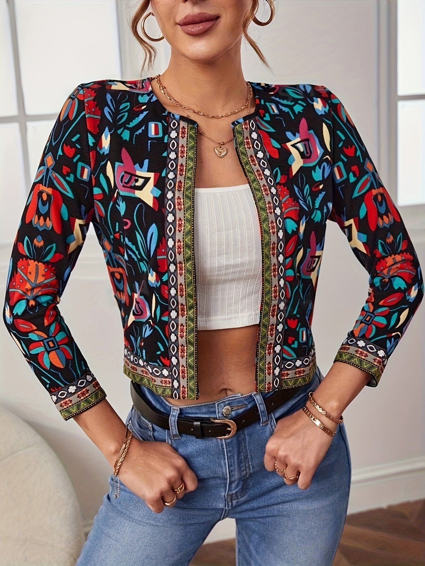 Stylish Ethnic Print Open Front Long Sleeve Slim Fit Jacket - Elegant Spring and Fall Essential, Soft and Cozy, Women's Clothing for Chic Ladies