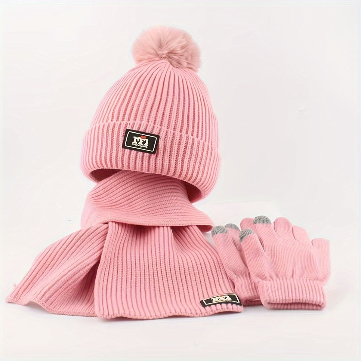 2pcs+1pair Children's Scarf & Hat & Gloves Set, Autumn And Winter Baby Warm Fleece Lined Gloves, Boys And Girls Knitted Hat