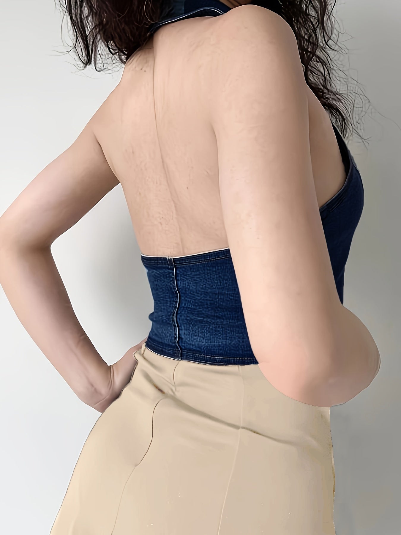 Stretchy Denim Top - Sleek Open Back Design, Halter Neck Style, Classic Single Button Front, Super Stretchy Fabric for Comfort - Deep Dark Washed Blue Color, Designed for Women