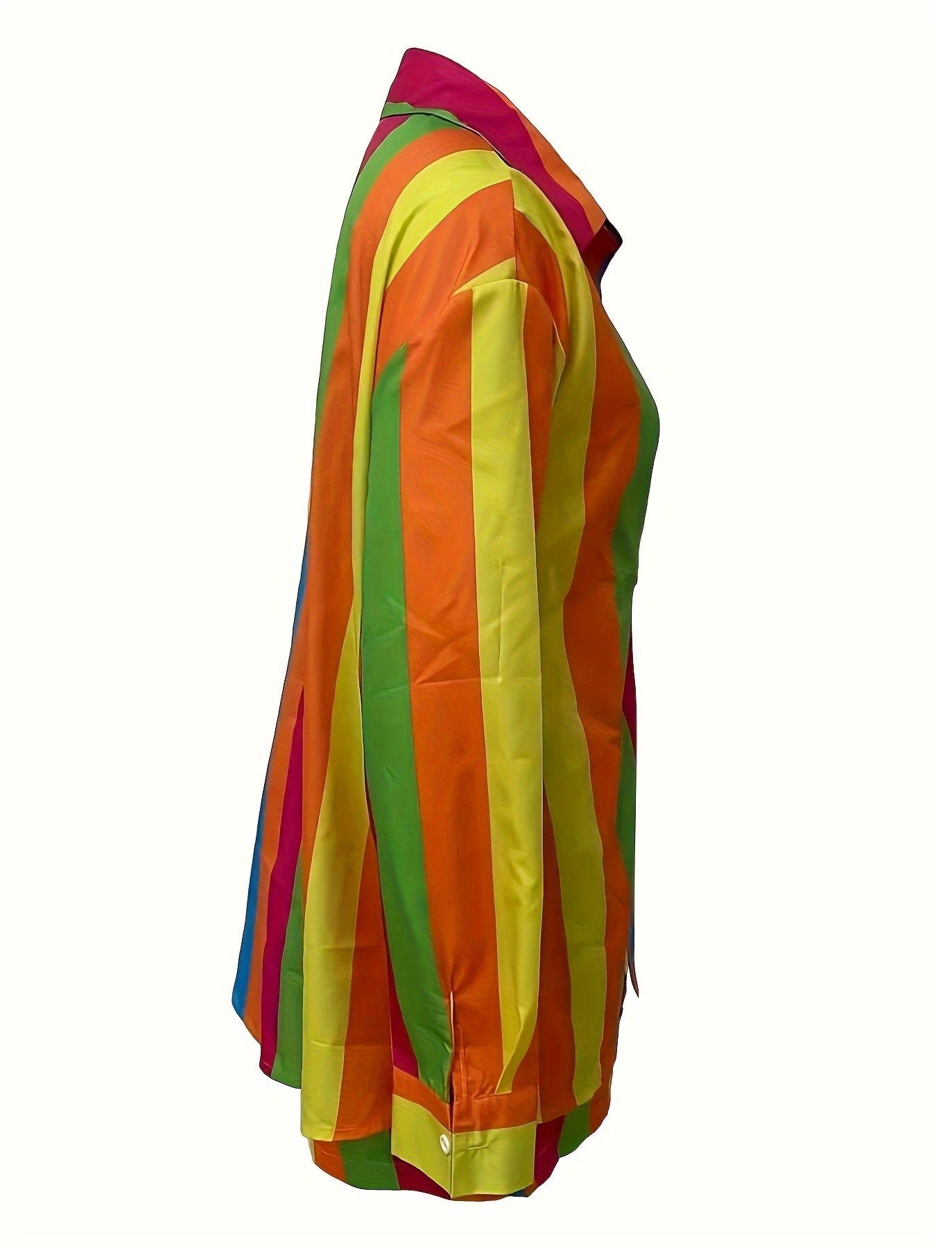 Two-Piece Colorful Stripe Print Outfit - Polo Collar Long Sleeve Button Shirt & Drawstring Shorts - Casual Polyester Clothing for Women, Machine Washable, Woven Fabric, Random Printing, Lapel Collar Style, No Elasticity, All-Season Wear