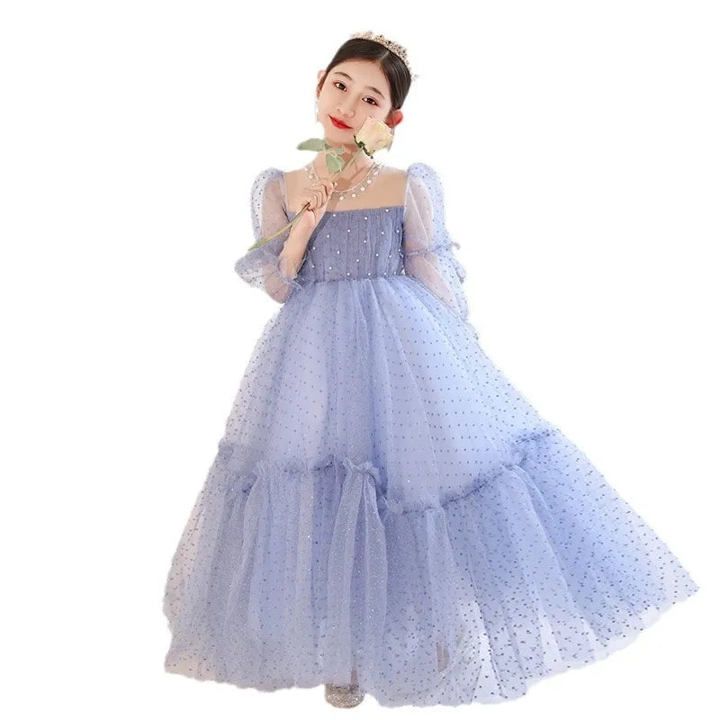 Cute Blue Flower Girls Dresses Long Sleeve Bead Princess Kids Floor Length Bridesmaid Dress Ball Girl Pageant Gown Shiny Bling Birthday Gowns 403