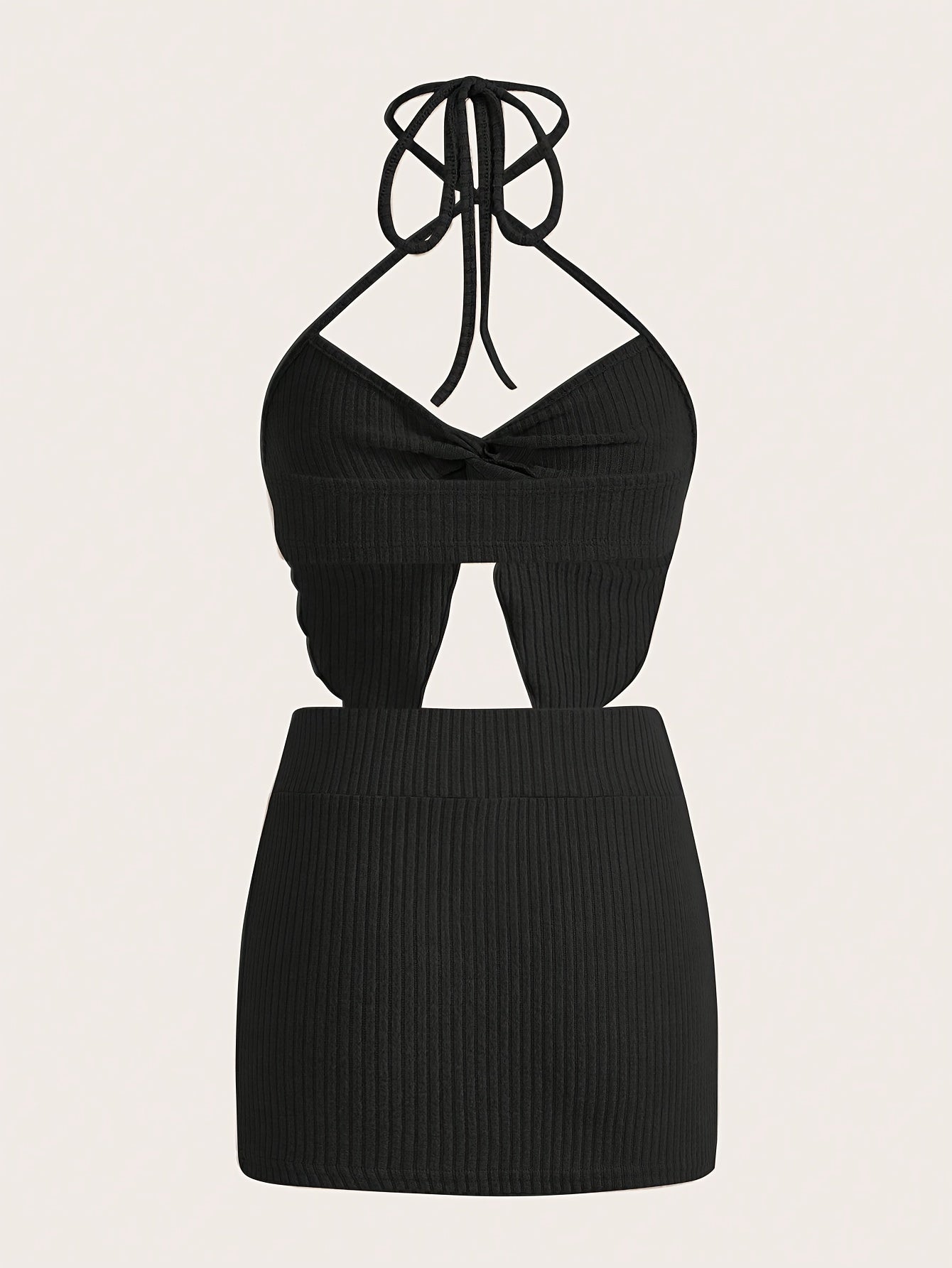 Sultry Solid Ribbed Skirt Set - Figure-Flattering Halter Crop Top & Cozy Knit Skirt Outfit - Womens Casual Fashion Clothing Ensemble