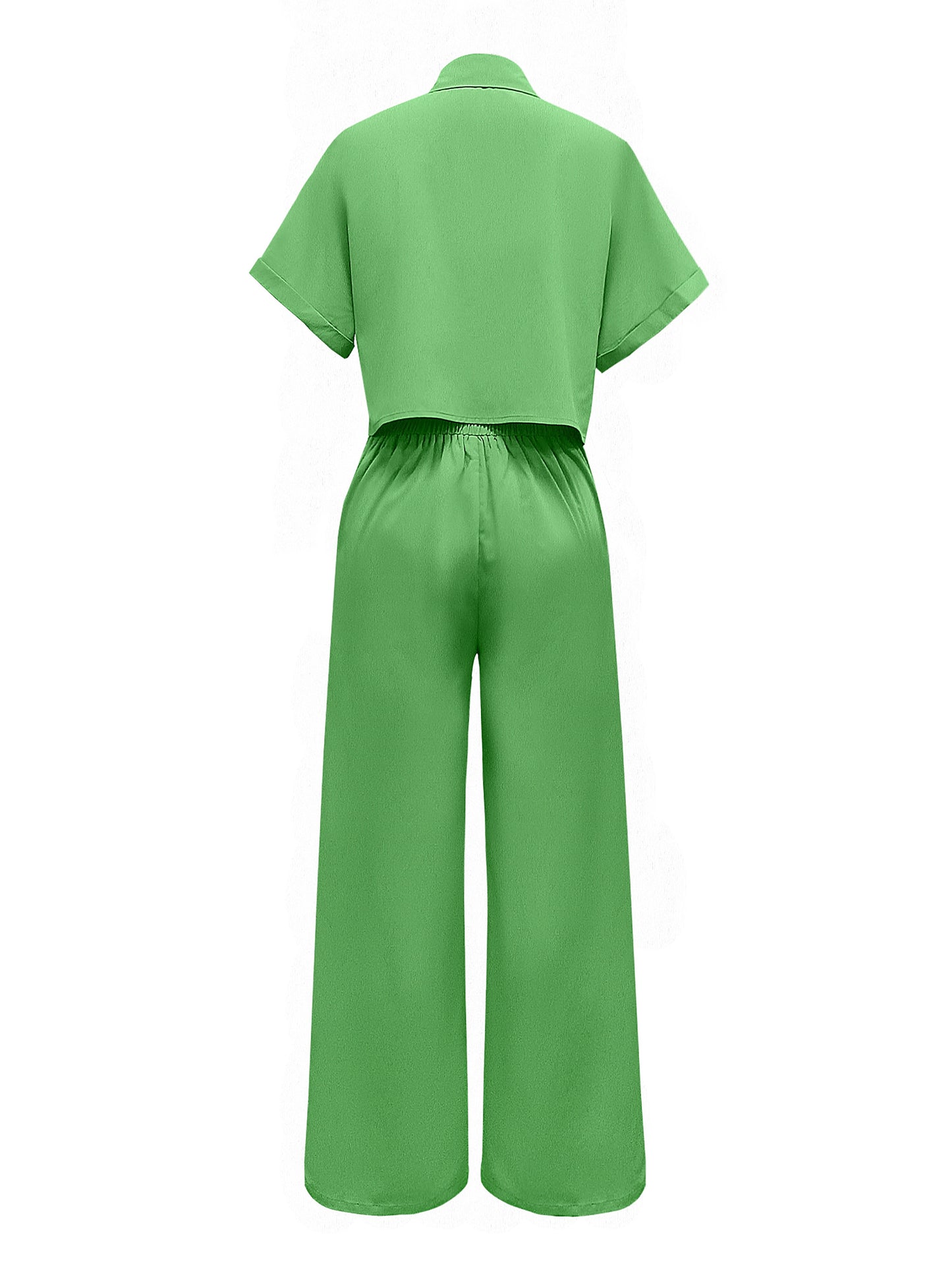 Two-Piece Solid Color Casual Outfit - Lapel Collar Short Sleeve Shirt and Pants Set - Polyester Woven Fabric, Spring/Summer Essential, No Elasticity, No Printing, and No Sheer