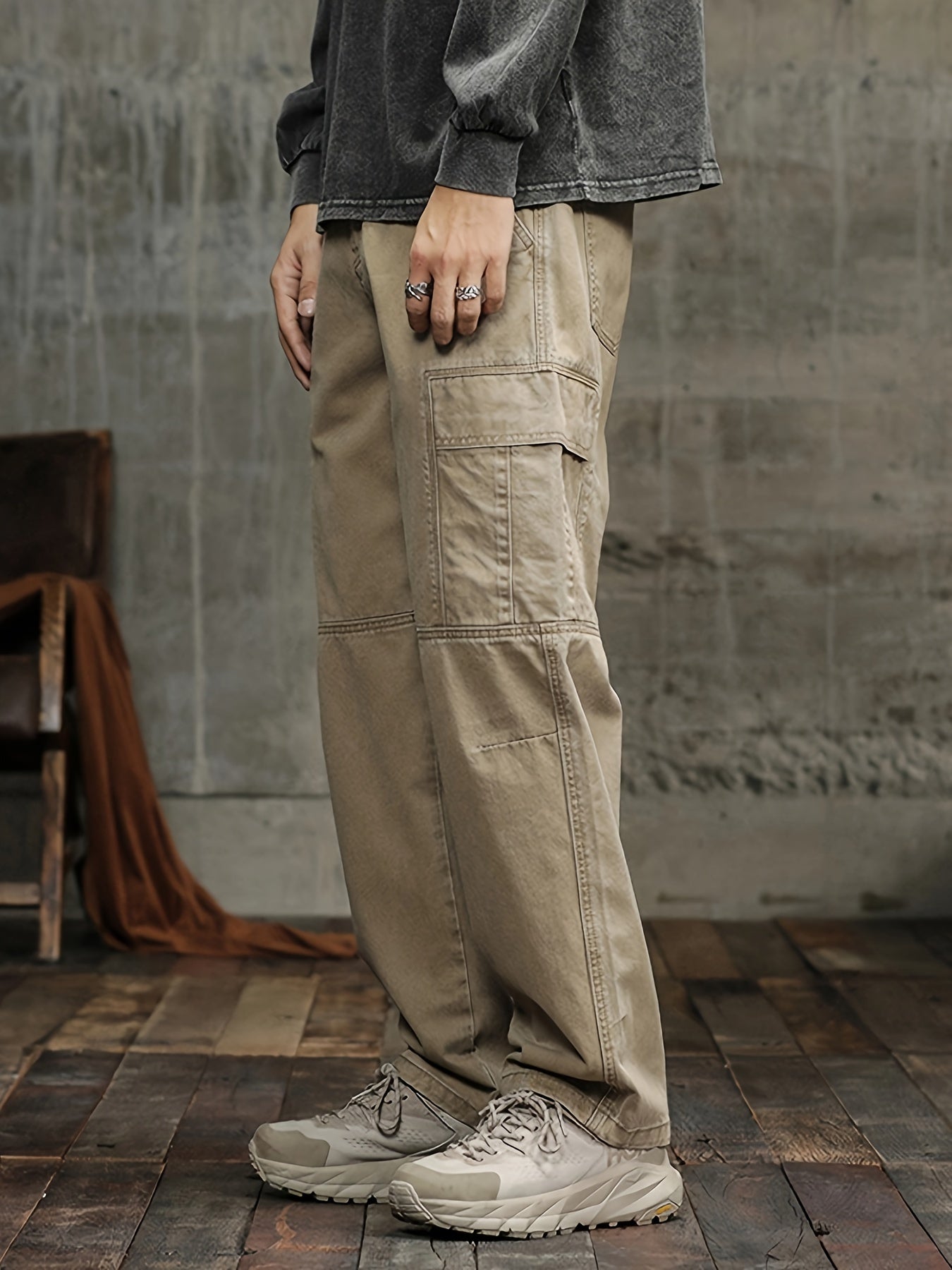 Men's Stylish 100% Cotton Loose Solid Pants With Pockets, Casual Breathable Comfy Trousers For City Walk Street Hanging Outdoor Activities