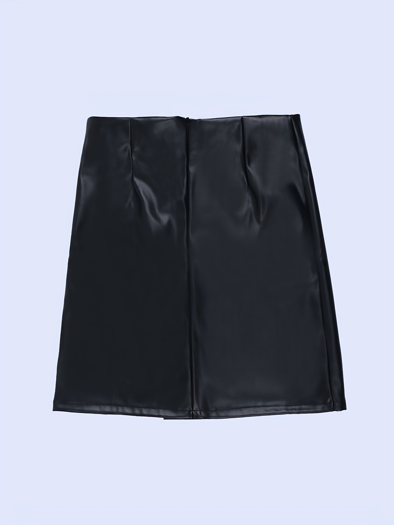 Women's Street Style Split Hem Lace Up Plain Black Color Denim Skirt, PU Leather Coated Bodycon Faux Leather Skirt