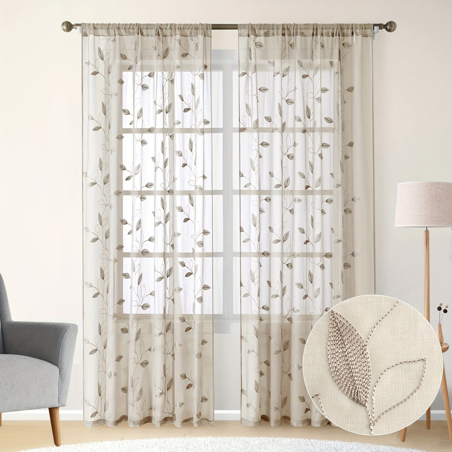 2pcs Sheer Curtains With Embroidery Leaf Pattern, Rod Pocket Faux Linen Floral Semi Curtains Voile Window Curtains Kitchen Curtains, Drapes for Bedroom Living Room