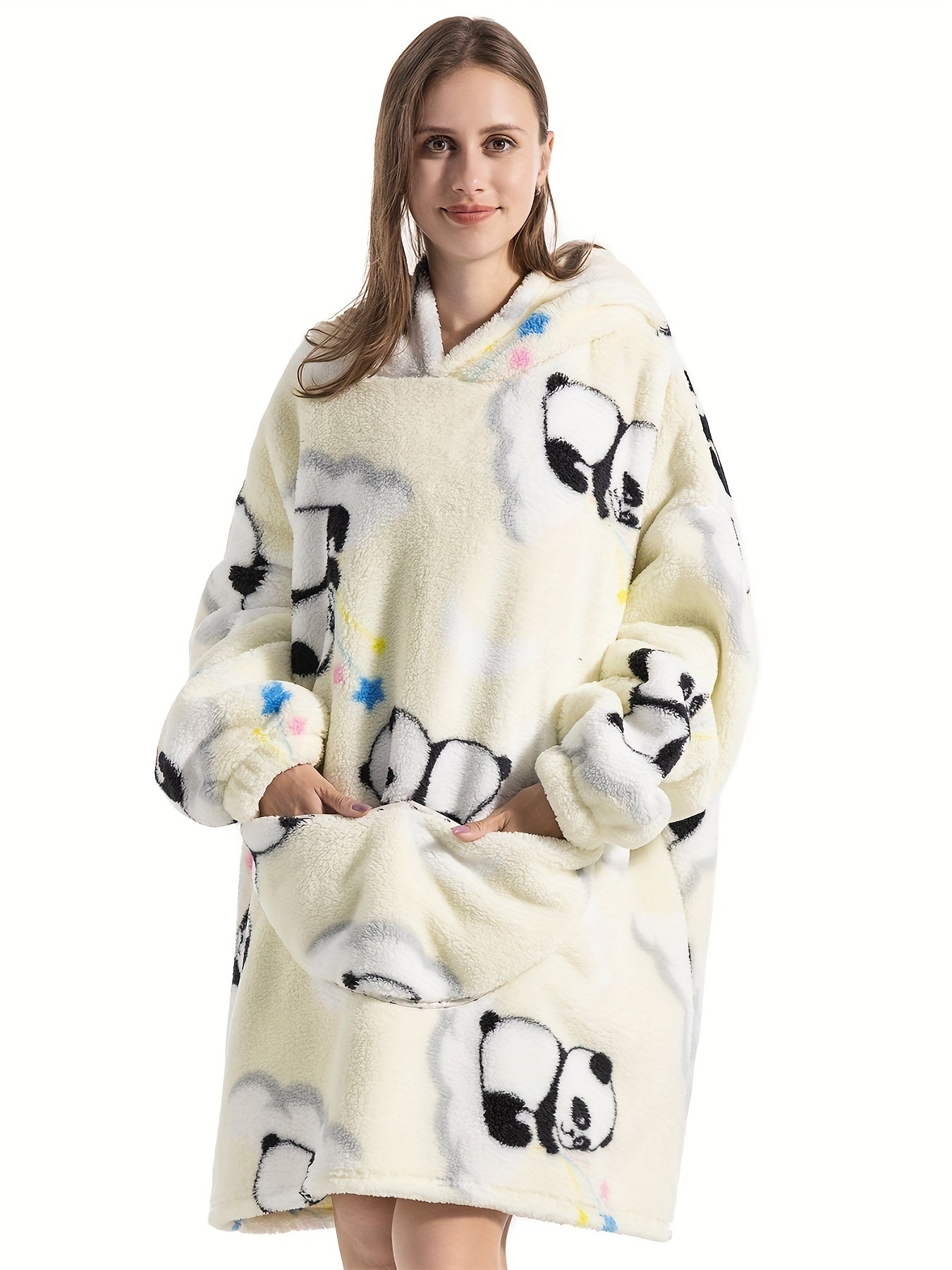 Plus Size Cute Lounge Robe, Women's Plus Panda Pattern Flannel Ultra Soft Oversized Fleece Hooded Fluffy Wearable Blanket With Pockets