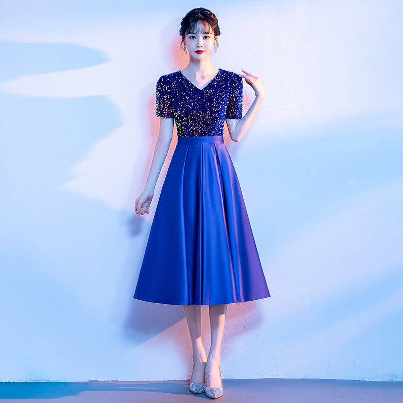 LOVECCR Adult Choir Performance Costume Female Dress Student Art Exam Host Formal Dress Recitation Command Costume Elegant Blue