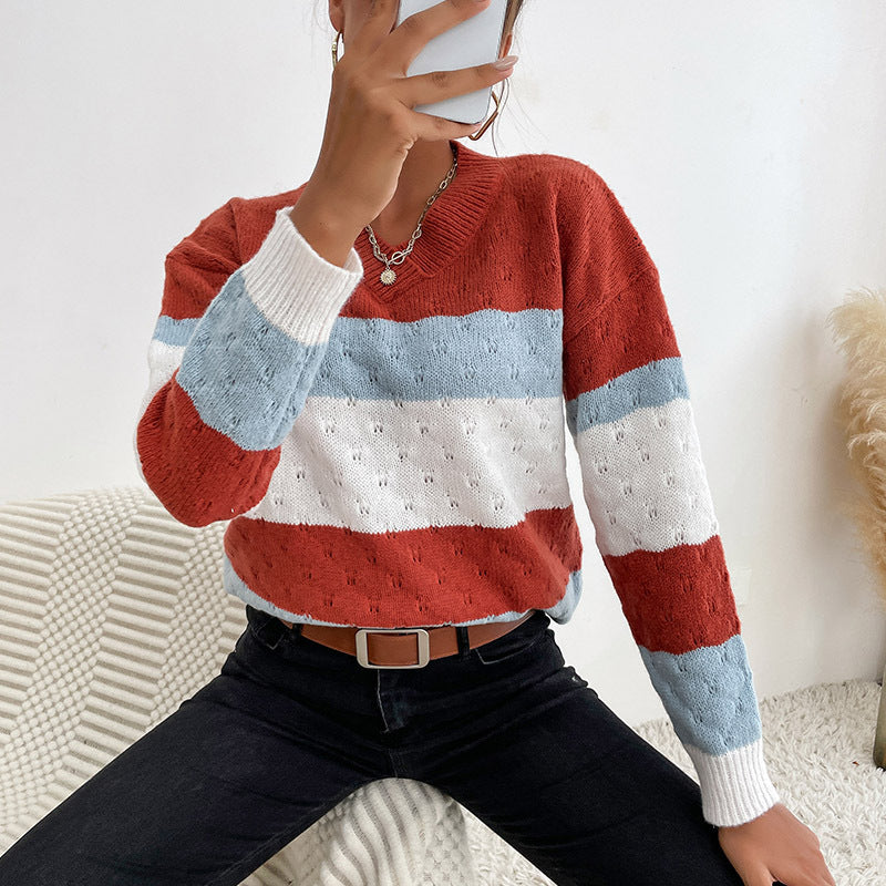 LOVECCR New Hot Trade popular Spring and Autumn New Long Sleeve V-Neck Pullover Striped Color Matching Knitted Sweater