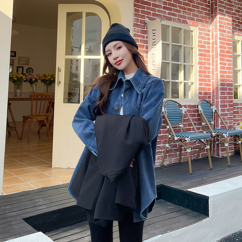 2025 spring Popularan goods Manila retro blue contrasting denim shirt design sense loose casual top women's clothing