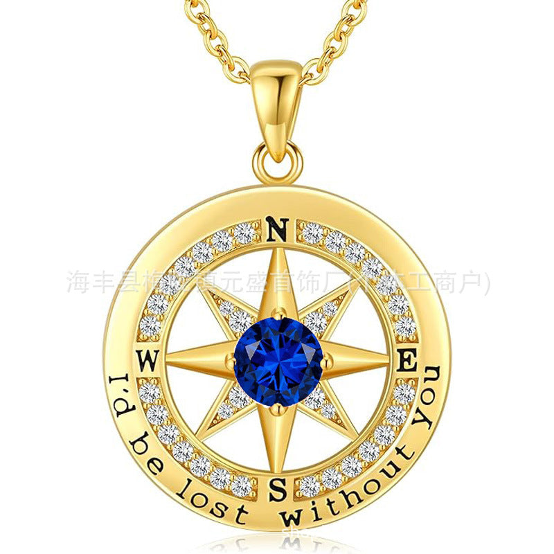 HOT and NEW Cross Border S925 Sterling Silver Compass Compass Necklace Female Twelve Birthstone Pendant Clavicle Chain