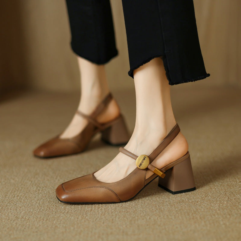 loveccr New Style Retro Closed Toe Pumps Mid Heel Chunky Heel Buckle High Heel Soft Leather Soft Bottom Square Head Mary