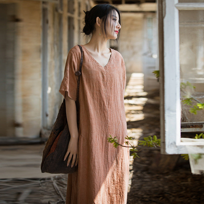 Summer Linen Cotton Thin Tie-Dyed Original New Chinese Long Dress Home Travel Literary Style Women's Dress