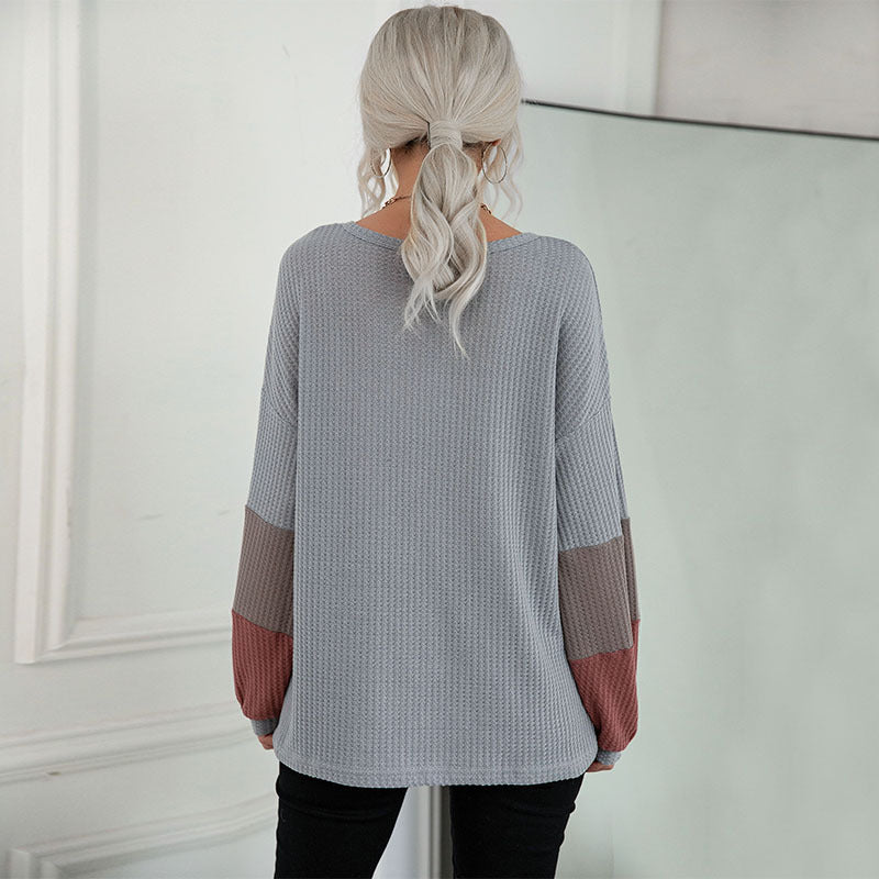 LOVECCR New Hot Trade popular New 2025 Autumn Color Matching Long Sleeve Gray V-Neck Knitted Sweater