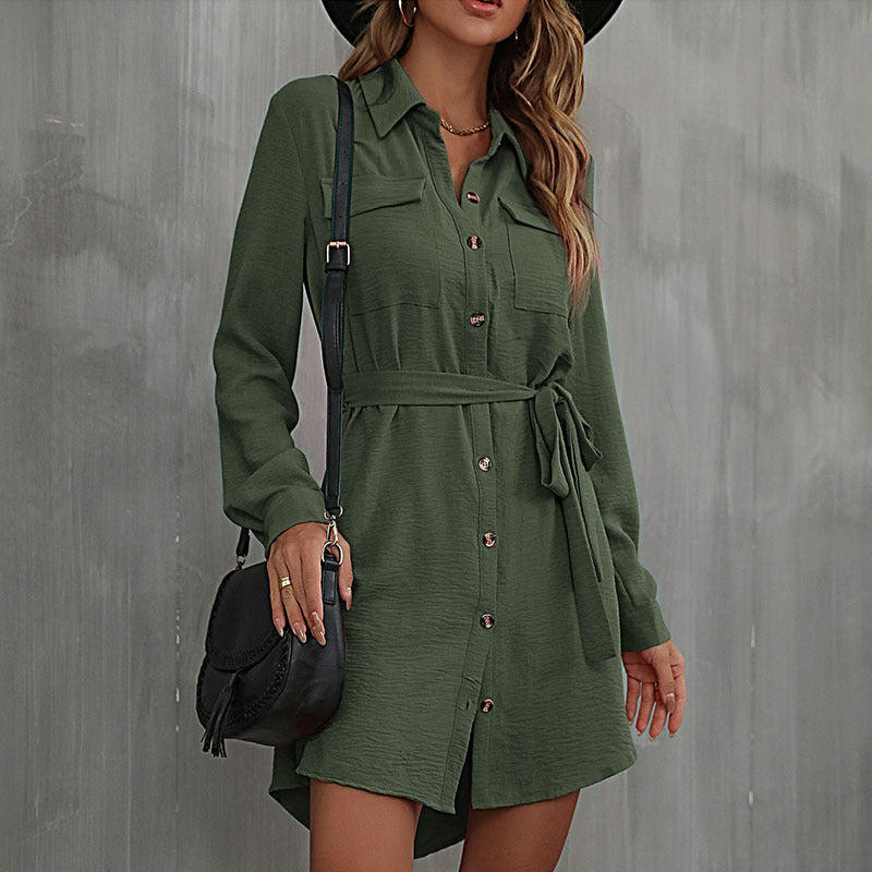 LOVECCR Hot autumn 2025 cardigan shirt lapel women's commuter lace-up shirt dress