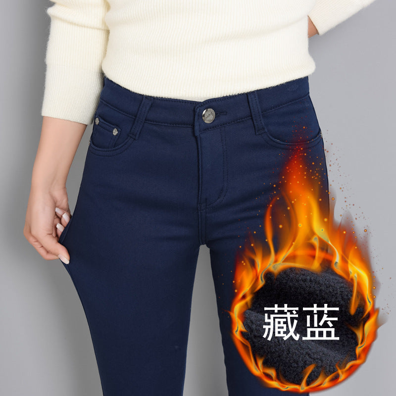 Plus Size Fleece-lined Thick Color Pants Korean Style Winter Skinny Jeans Women's Candy Color Warm Pencil Pants Women's Pants